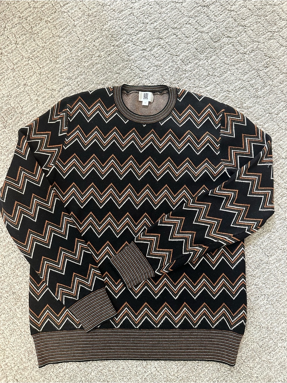 YAL NY Chevron Pattern Crewneck Sweater in Black and Brown